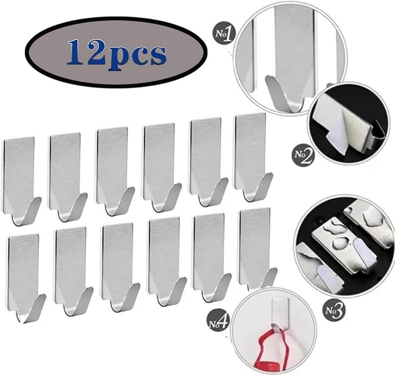 خطافات الحائط اللاصقة ١٢ قطعة من الفولاذ المقاوم للصدأ لتعليق المناشف والروب والقبعات والحقائب والمفاتيح - Image 4
