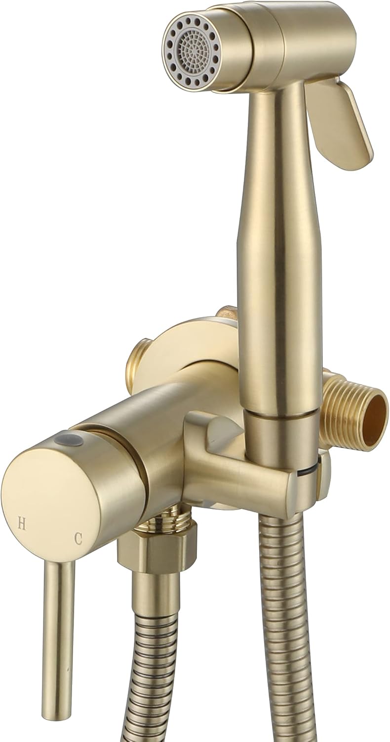 WiPPhs Handheld Bidet Sprayer Brushed Gold Warm Water, Stainless Steel Bidet Hand Held Sprayer for Toilet with Brass Hot and Cold Mixing Valve, WI9138BG - Image 1