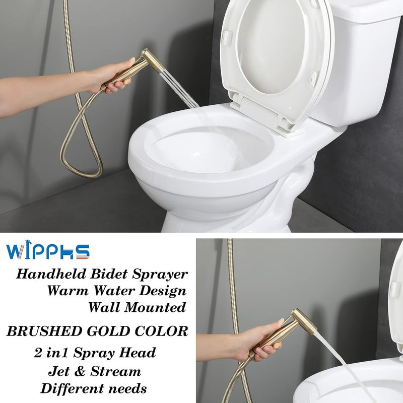 WiPPhs Handheld Bidet Sprayer Brushed Gold Warm Water, Stainless Steel Bidet Hand Held Sprayer for Toilet with Brass Hot and Cold Mixing Valve, WI9138BG - Image 2