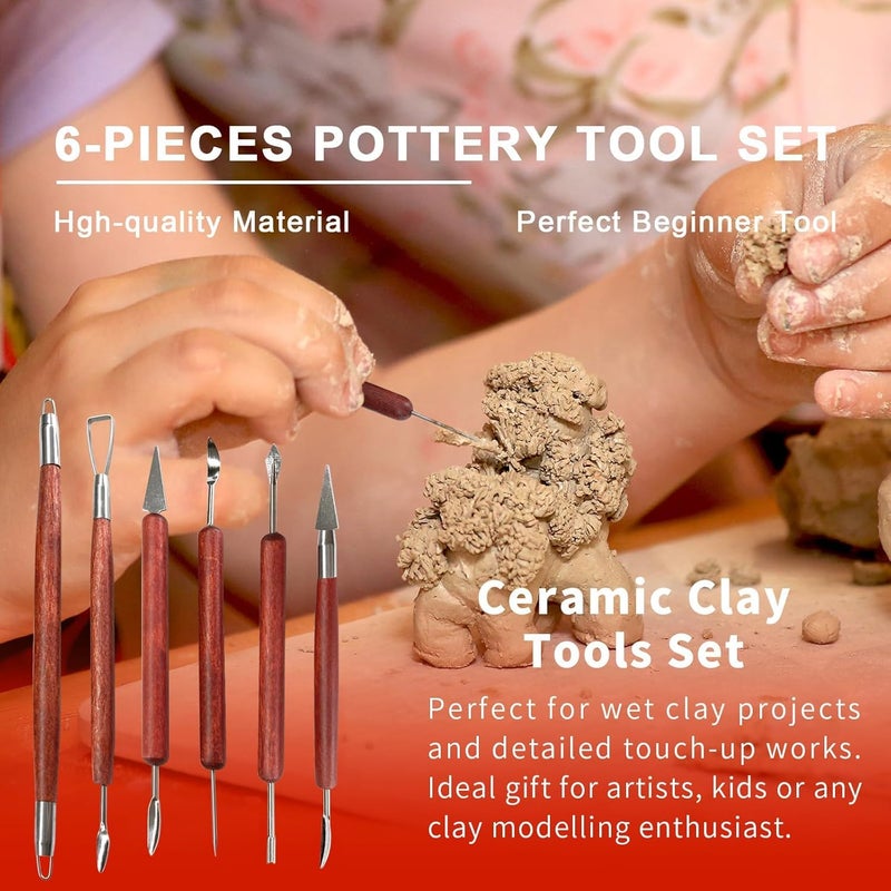 EVALUEMART Clay Sculpting Tools, 6 PCS Double-Ended Stainless Steel Polymer Clay Tools, Wooden Handle Pottery Tools for Embossing, Carving Tools and Supplies - Image 4