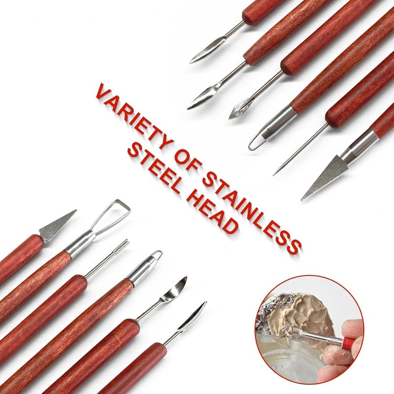 EVALUEMART Clay Sculpting Tools, 6 PCS Double-Ended Stainless Steel Polymer Clay Tools, Wooden Handle Pottery Tools for Embossing, Carving Tools and Supplies - Image 2
