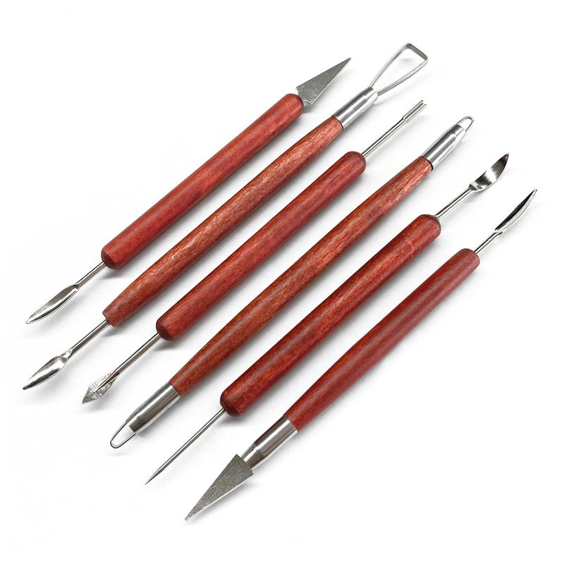 EVALUEMART Clay Sculpting Tools, 6 PCS Double-Ended Stainless Steel Polymer Clay Tools, Wooden Handle Pottery Tools for Embossing, Carving Tools and Supplies - Image 1