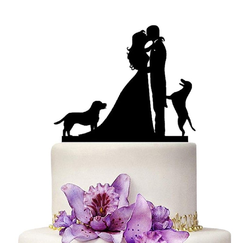 YAMI COCU Wedding Cake Toppers Dogs Black Acrylic Cake Topper of Engagement and Wedding with Bride and Groom - Image 4