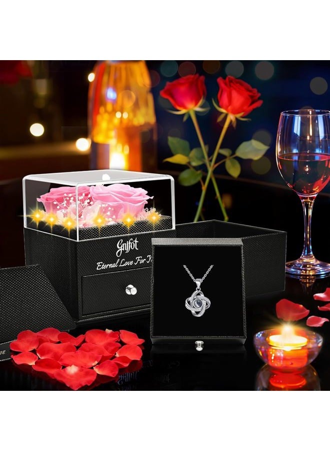 Gnifot Preserved Real Pink Roses & I Love You100 Languages Projection Necklace Gift Box – Romantic Eternal Flower Set for Her, Home Decor, Office, Anniversary, Birthday, Valentine's, Mother's Day,Christmas - Image 2