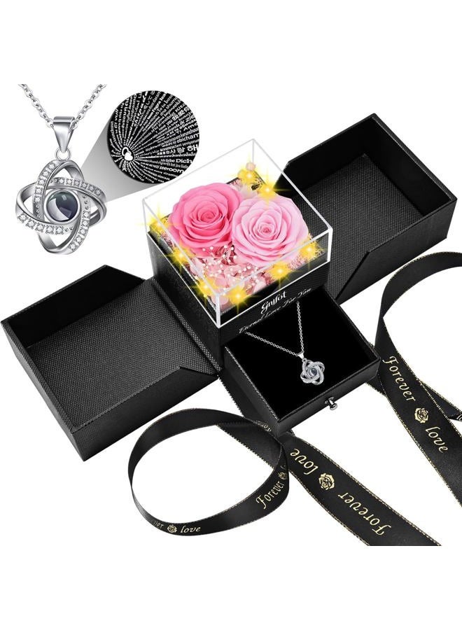 Gnifot Preserved Real Pink Roses & I Love You100 Languages Projection Necklace Gift Box – Romantic Eternal Flower Set for Her, Home Decor, Office, Anniversary, Birthday, Valentine's, Mother's Day,Christmas - Image 1