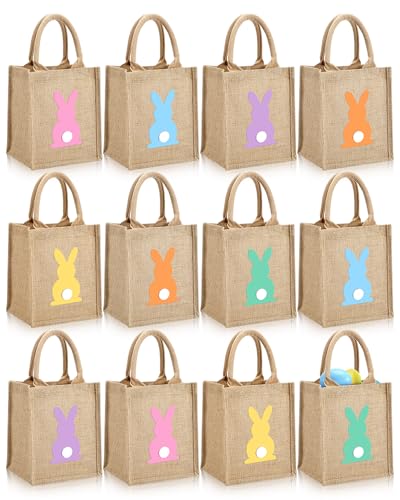 GliCraft 12 Pack Easter Burlap Gift Bags Large Bunny Jute Bags with Handle and Waterproof Lining Reusable Burlap Tote Bag for Kids Egg Hunt Game Spring Easter Party Supplies 8x10x6 - Image 1