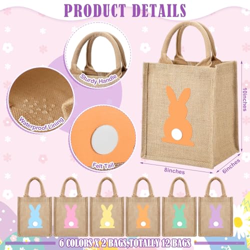 GliCraft 12 Pack Easter Burlap Gift Bags Large Bunny Jute Bags with Handle and Waterproof Lining Reusable Burlap Tote Bag for Kids Egg Hunt Game Spring Easter Party Supplies 8x10x6 - Image 3