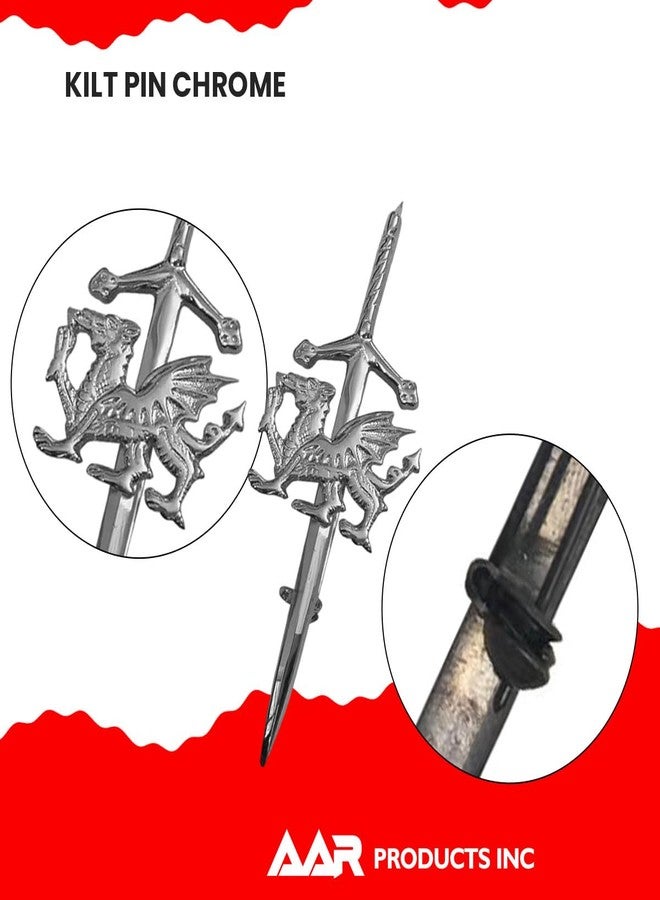 AAR Wales Dragon Kilt Pin 4" Antique, Chrome & Gold Finish Kilt Pins (CRM) - Image 2