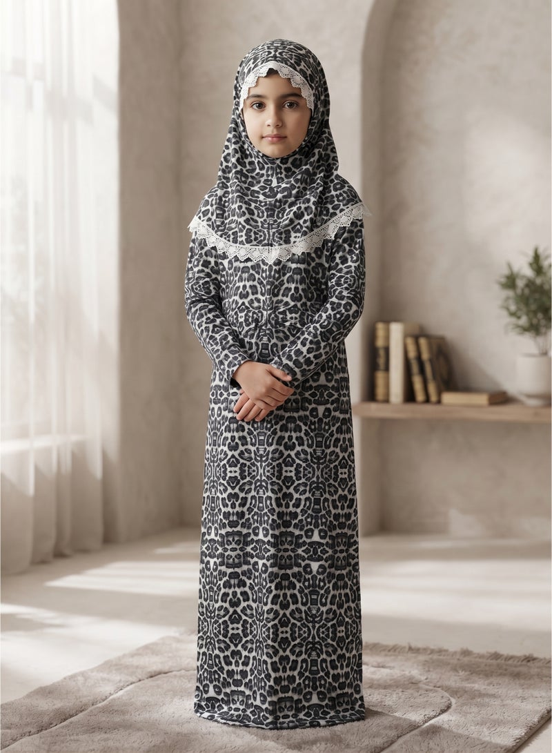 Kids' Stylish Prayer Esdall with Modern Leopard Print and Attached Hooded Veil - Image 1