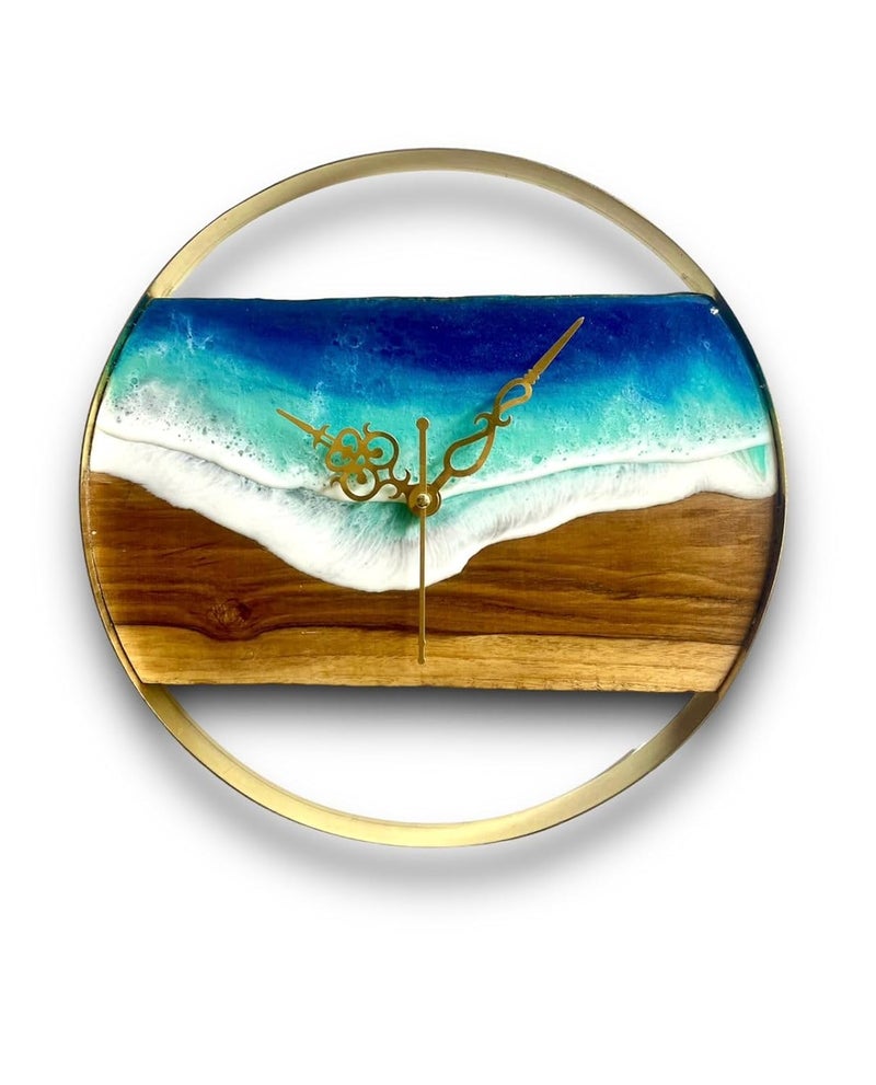 NEXTSTEP1 NEXTSTEP1 Wall Clock Sea Art Epoxy Resin Decor Waves Modern Luxury Wood Gold Plated Ring Craft 3D Wall Clock  - Image 3