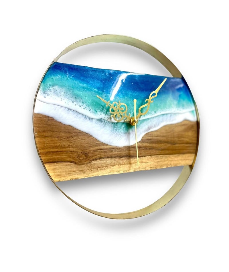 NEXTSTEP1 NEXTSTEP1 Wall Clock Sea Art Epoxy Resin Decor Waves Modern Luxury Wood Gold Plated Ring Craft 3D Wall Clock  - Image 2