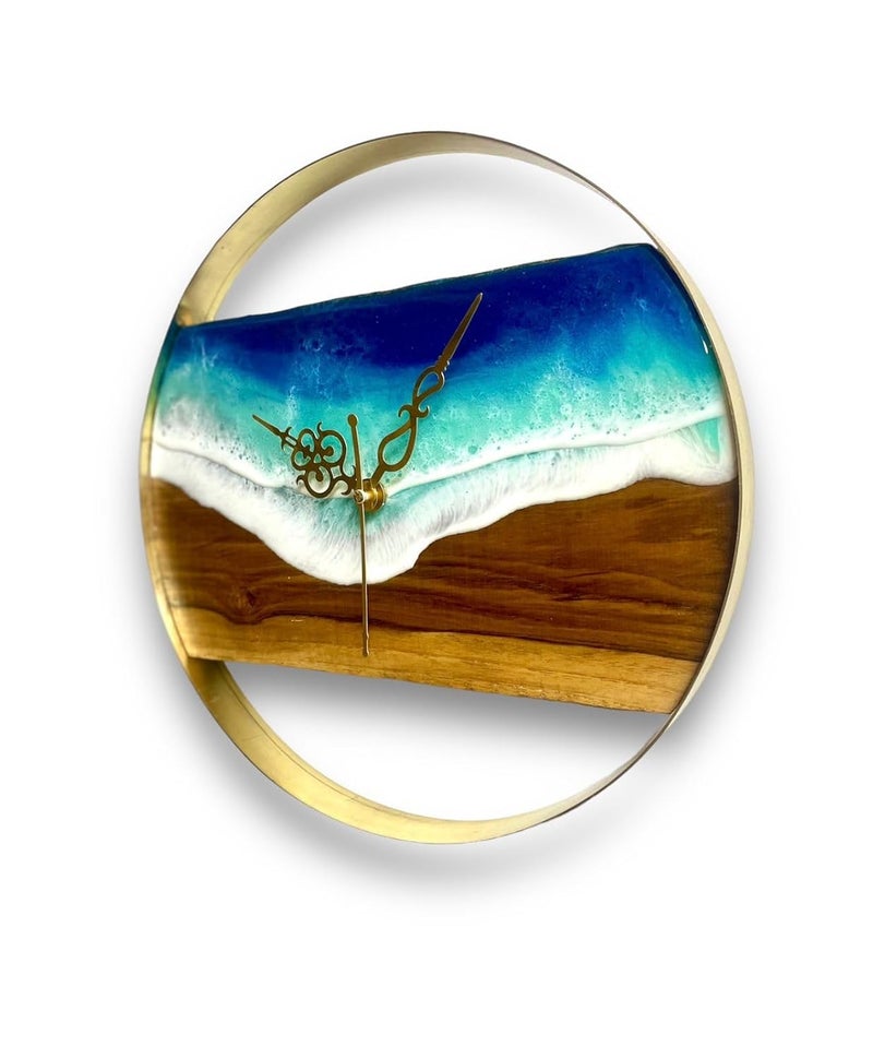 NEXTSTEP1 NEXTSTEP1 Wall Clock Sea Art Epoxy Resin Decor Waves Modern Luxury Wood Gold Plated Ring Craft 3D Wall Clock  - Image 4