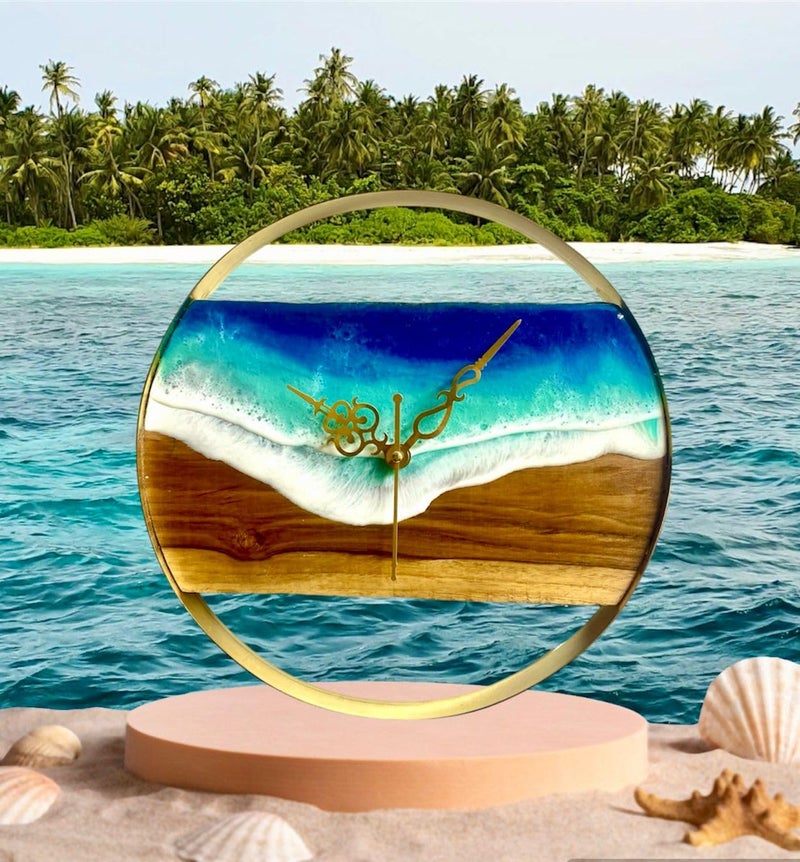 NEXTSTEP1 NEXTSTEP1 Wall Clock Sea Art Epoxy Resin Decor Waves Modern Luxury Wood Gold Plated Ring Craft 3D Wall Clock  - Image 1