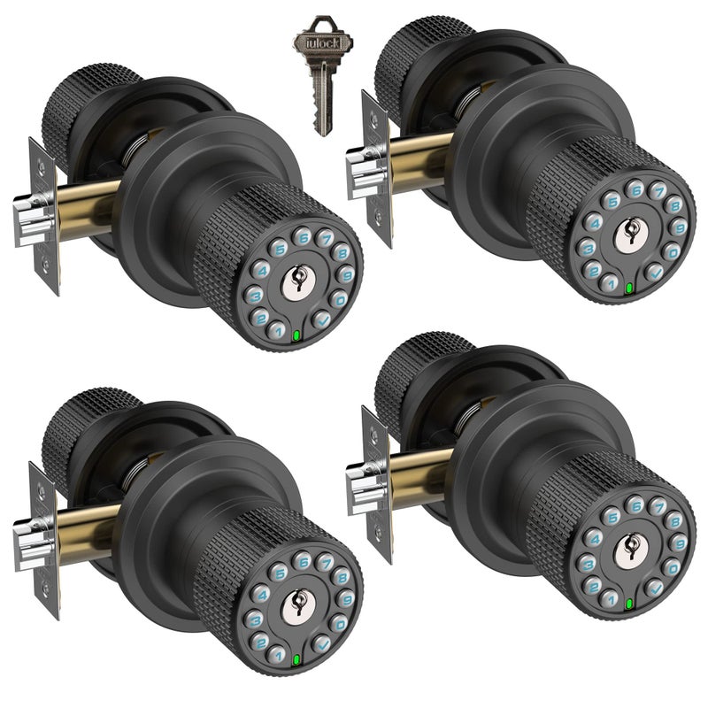 iulock Smart Door Knob with Keypad and KeyKeyless Entry Door Lock with Rubber Grip Auto Lock50 User CodeWaterproof Easy to Install and Program for Bedroom Matte Black Same Key 4 Pack