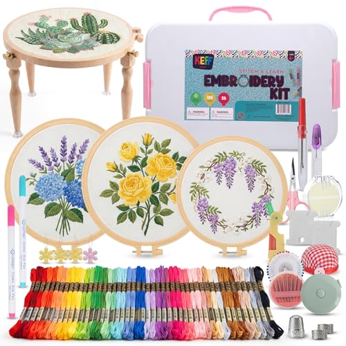 KEFF Craft Embroidery Kit for Beginners 100 Embroidery Thread Colors 4 Hoops Scissors Needles Pins Blank Fabrics Tools Cross Stitch Supplies Cross Stitch Kits Arts and Crafts for Adults - Image 1