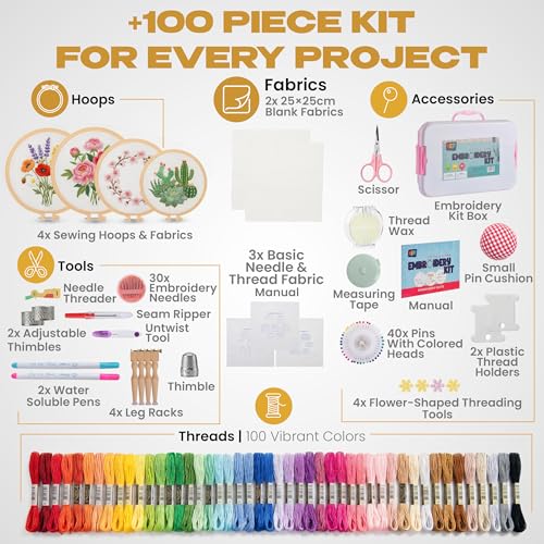 KEFF Craft Embroidery Kit for Beginners 100 Embroidery Thread Colors 4 Hoops Scissors Needles Pins Blank Fabrics Tools Cross Stitch Supplies Cross Stitch Kits Arts and Crafts for Adults - Image 3