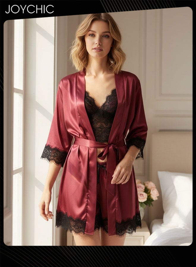 Joychic طقم نوم رومانسي نسائي من 4 قطع، فستان نوم من حرير ساتان، مناسب لفصلي الربيع والصيف، تنفس، بيجامة نسائية دانتيل على شكل حرف V، لون أحمر نبيذي - Image 1