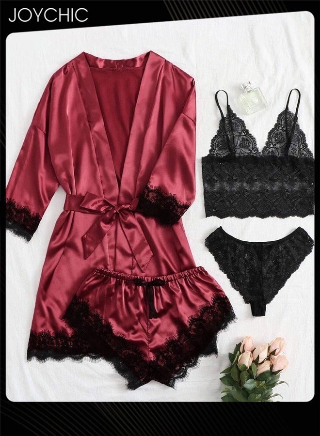 Joychic طقم نوم رومانسي نسائي من 4 قطع، فستان نوم من حرير ساتان، مناسب لفصلي الربيع والصيف، تنفس، بيجامة نسائية دانتيل على شكل حرف V، لون أحمر نبيذي - Image 2
