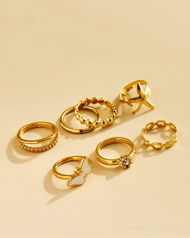 REDTAG Women Gold 7 Piece Ring Set