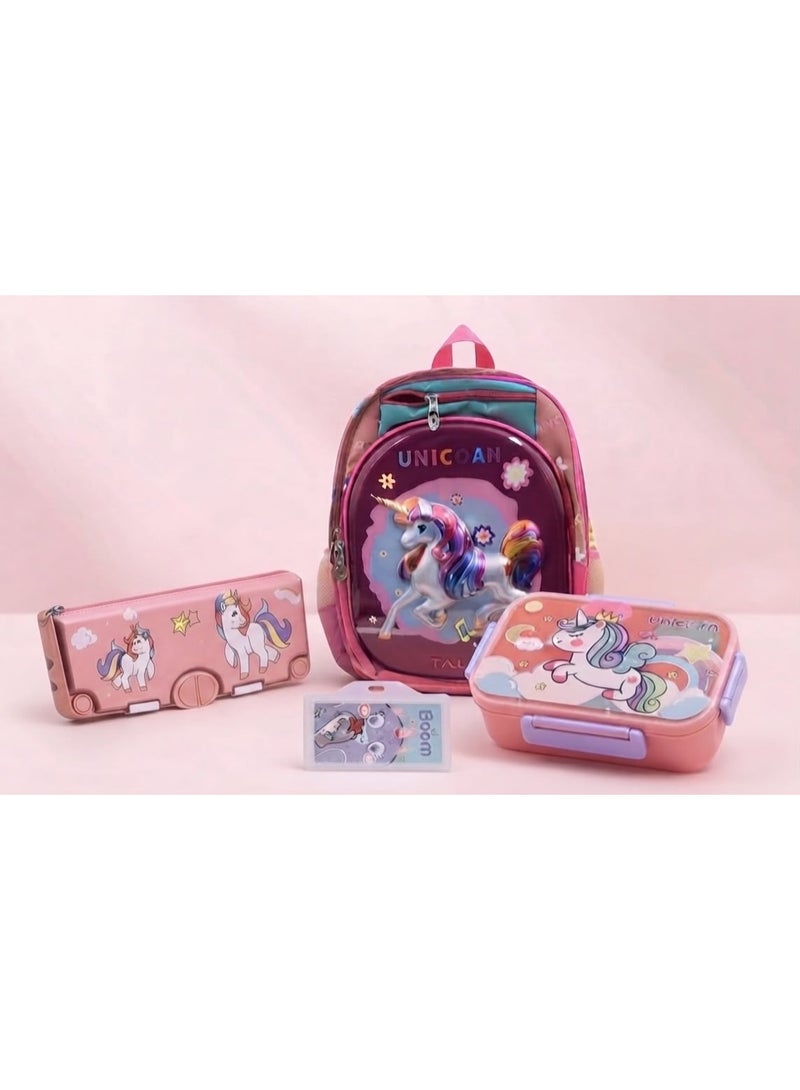 School supplies set: school bag, 6-piece pencil case, unicorn design, and name tag. - Image 1