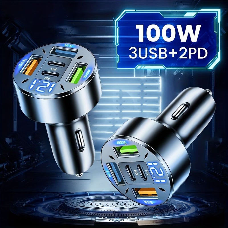 شاحن سيارة رقمي مزود بمنفذين من نوع PD وثلاثة منافذ USB، شحن سريع، هدية للعطلات - Image 1