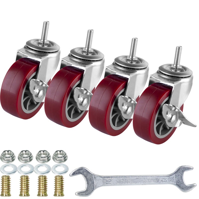 3 Inch Swivel Caster Wheels Set of 4, Locking Casters Heavy Duty Total Capacity 330lbs, Metric M8-1.25 Threaded Stem PU Casters with Brake, Castors for Carpet Hardwood Floors Workbench Bed Frame
