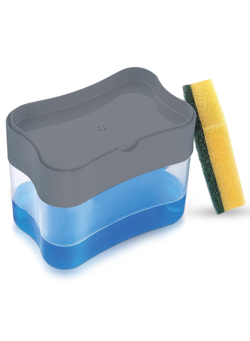 Royalford Soap Detergent Dispenser with Sponge Holder - RF10497, Versatile Refillable Dispenser, 2-in-1 Innovative Design with Sponge Scrubber, Effortless Dispensing and One Hand Use, Multi Color Grey & Clear - Image 1