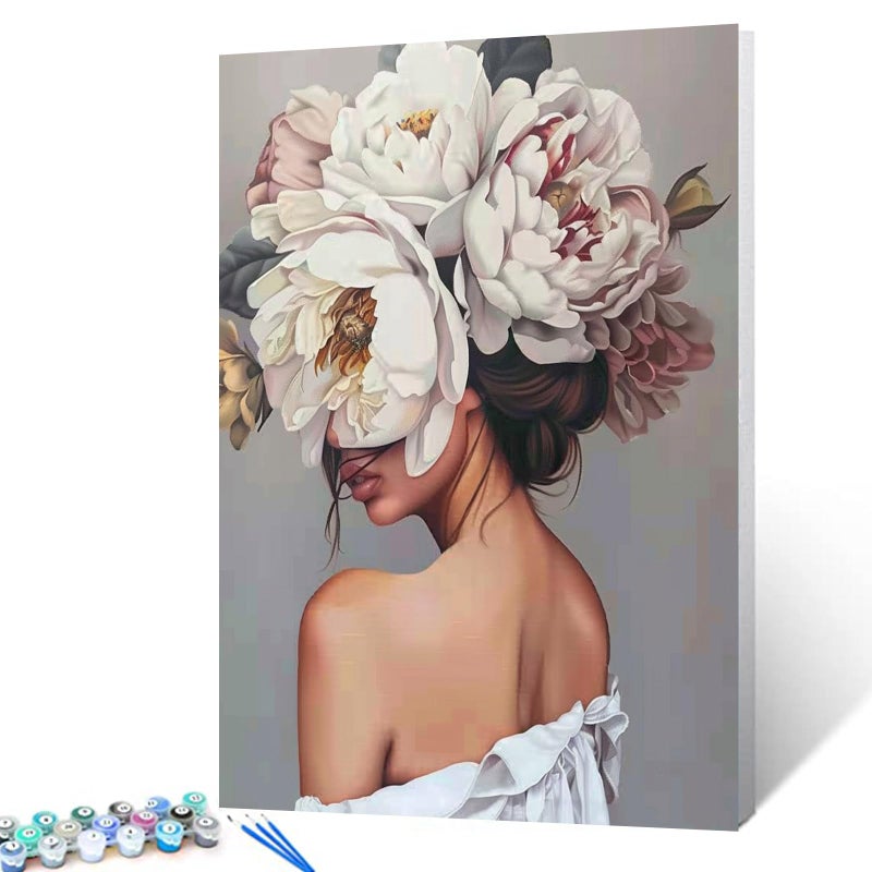 Tucocoo Tucocoo Fashion Girl with Flowers on Head Paint by Numbers for Adults Modern Art Style Figure Lady Painting by Numbers for Adults Beginner Acrylic Oil Painting Set Without Frame16Wx20H  - Image 1