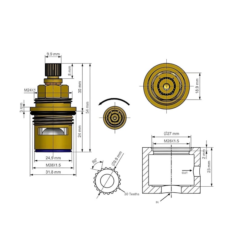 NEW WARE NEW WARE Brass Ceramic Disc Cartridge Ess Trend Type Quarter Turn 12 for Bathroom Kitchen Tap Faucet Valve Hot and Cold Pack of 2 - Image 3