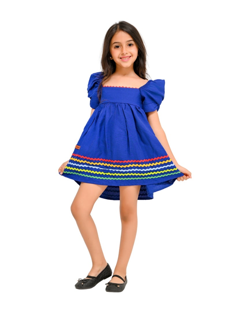 Zig  Cotton Dress with Puffy Short Sleeves and Colorful Wavy Trims - Image 1