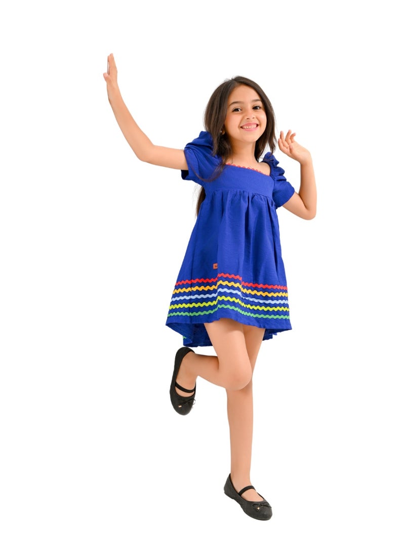 Zig  Cotton Dress with Puffy Short Sleeves and Colorful Wavy Trims - Image 2