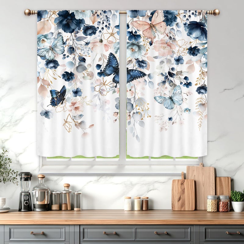 Mitpok Spring Floral Kitchen Curtains, Flower Curtains for Kitchen Short Small 27.5Wx39H Inch Rod Pocket Navy Blue Butterfly Watercolor Plant Leaves Pastel 2 Panel Window Treatment Set for Room Decor - Image 1