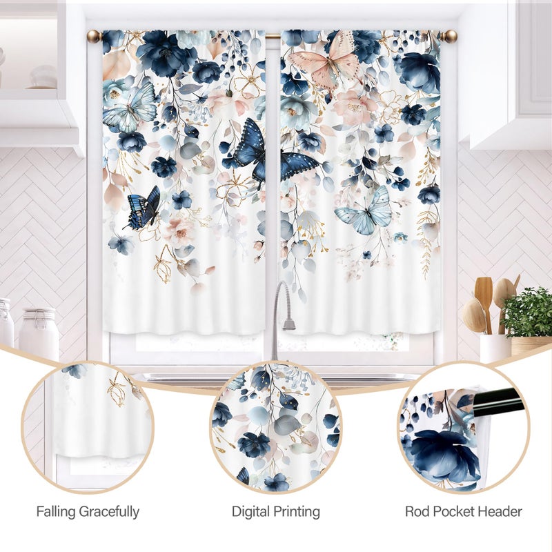 Mitpok Spring Floral Kitchen Curtains, Flower Curtains for Kitchen Short Small 27.5Wx39H Inch Rod Pocket Navy Blue Butterfly Watercolor Plant Leaves Pastel 2 Panel Window Treatment Set for Room Decor - Image 4