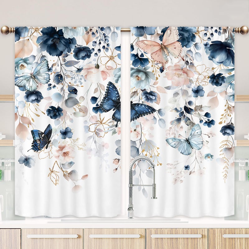 Mitpok Spring Floral Kitchen Curtains, Flower Curtains for Kitchen Short Small 27.5Wx39H Inch Rod Pocket Navy Blue Butterfly Watercolor Plant Leaves Pastel 2 Panel Window Treatment Set for Room Decor - Image 5