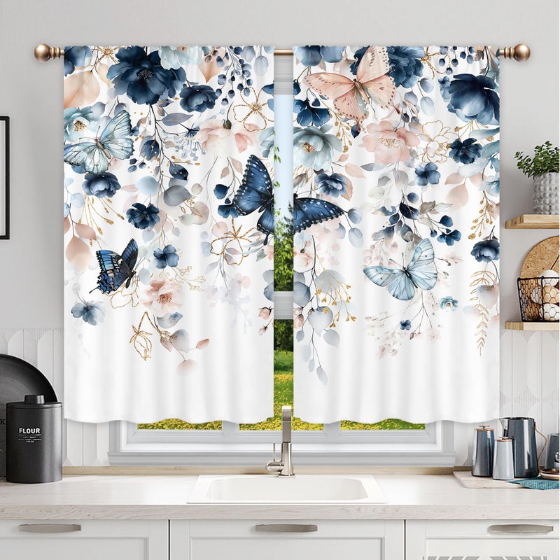Mitpok Spring Floral Kitchen Curtains, Flower Curtains for Kitchen Short Small 27.5Wx39H Inch Rod Pocket Navy Blue Butterfly Watercolor Plant Leaves Pastel 2 Panel Window Treatment Set for Room Decor - Image 2