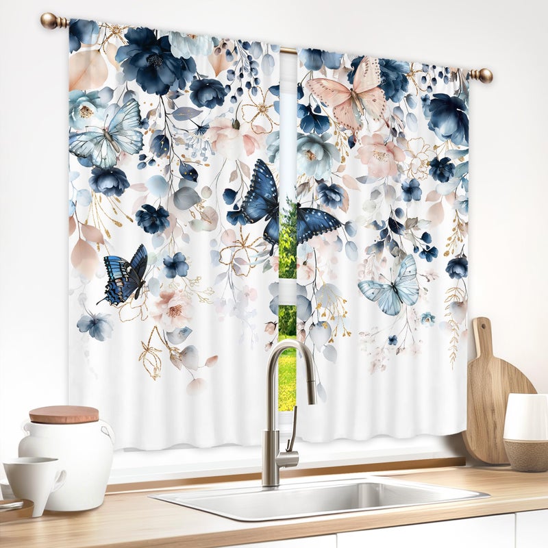 Mitpok Spring Floral Kitchen Curtains, Flower Curtains for Kitchen Short Small 27.5Wx39H Inch Rod Pocket Navy Blue Butterfly Watercolor Plant Leaves Pastel 2 Panel Window Treatment Set for Room Decor - Image 3