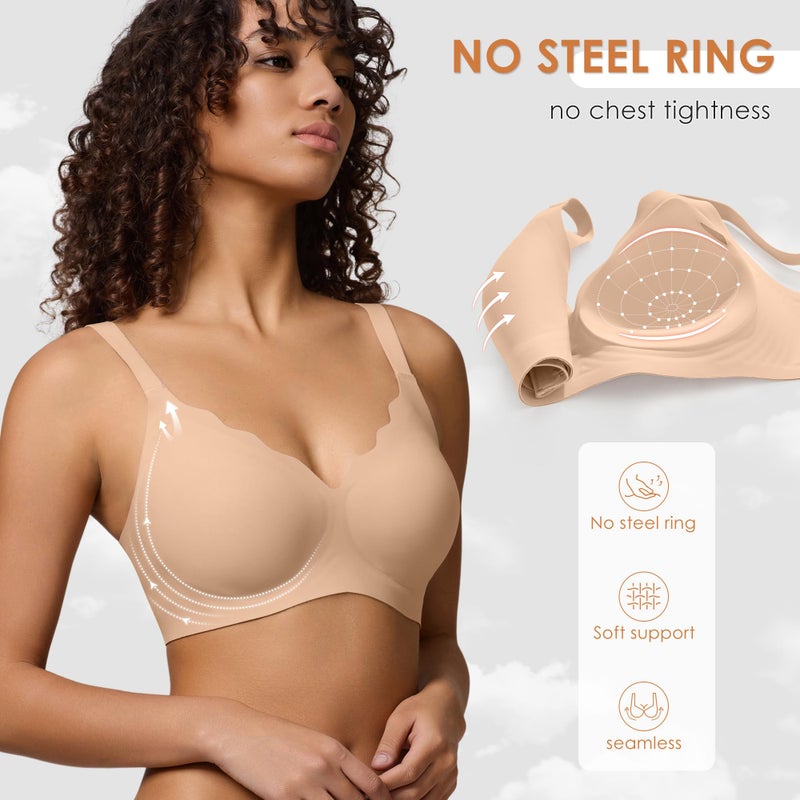 DEANGELMON Seamless Wireless Bra for Women with Support - No Underwire Full Coverage Push Up Comfort Bras - Back Fat Smoothing No Wire Bralette for Womens - Padded Soft Lift Bralettes(Deep Skin,L) - Image 3