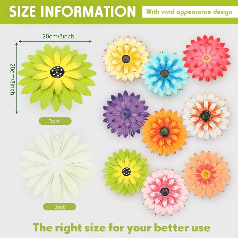 Zhehao 9 Pcs 8 Inch Metal Flower Wall Art Hanging 3D Daisy Decor Metal Flowers Outdoor Decor Multicolored Layered Floral Sunflower Wall Decorations for Indoor Home Room Office Garden Porch Patio - Image 2