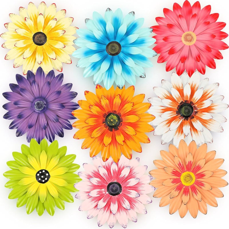 Zhehao 9 Pcs 8 Inch Metal Flower Wall Art Hanging 3D Daisy Decor Metal Flowers Outdoor Decor Multicolored Layered Floral Sunflower Wall Decorations for Indoor Home Room Office Garden Porch Patio - Image 1