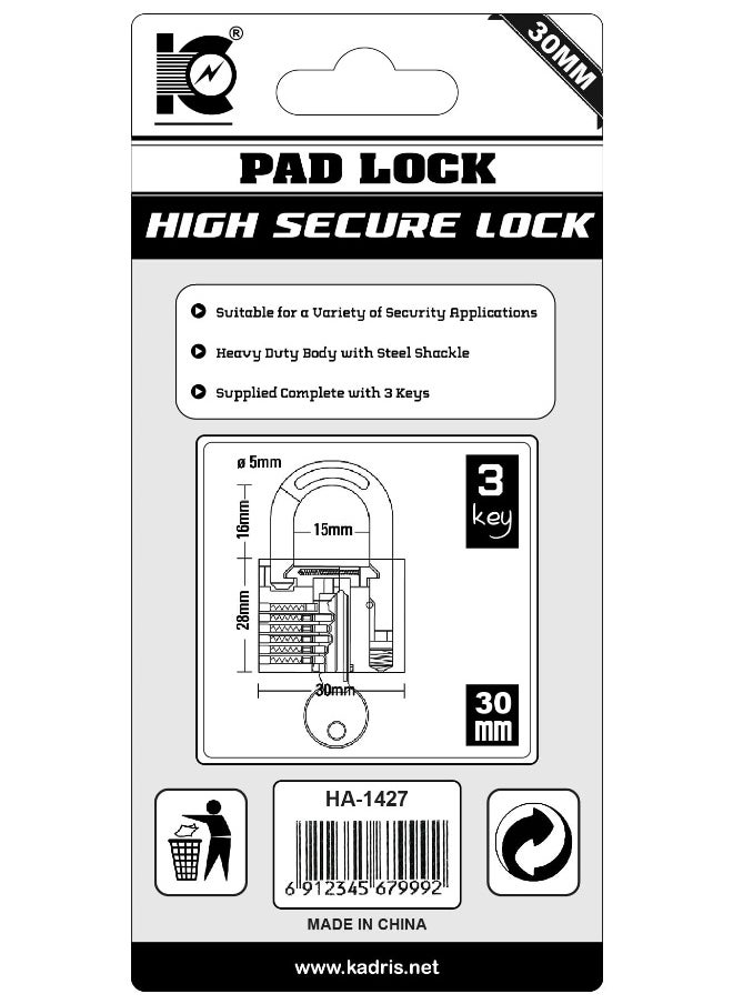 KADRIS - Heavy-Duty Security Padlock HA-1427, Weather-Resistant in Solid Brass Lock 30MM - Padlock  shackle with Keys for Sheds, Storage Unit, School, Gym Locker, Fence, Toolbox, Hasp Storage - Image 1