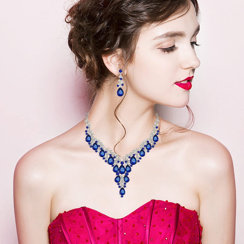 CSY Elegant Crystal Costume Jewelry Sets Flower Bridal Necklace Earrings Stretch Bangle Set for Bride Bridesmaid Wedding Dress Accessories (royal blue crystal-platinum tone) - Image 2