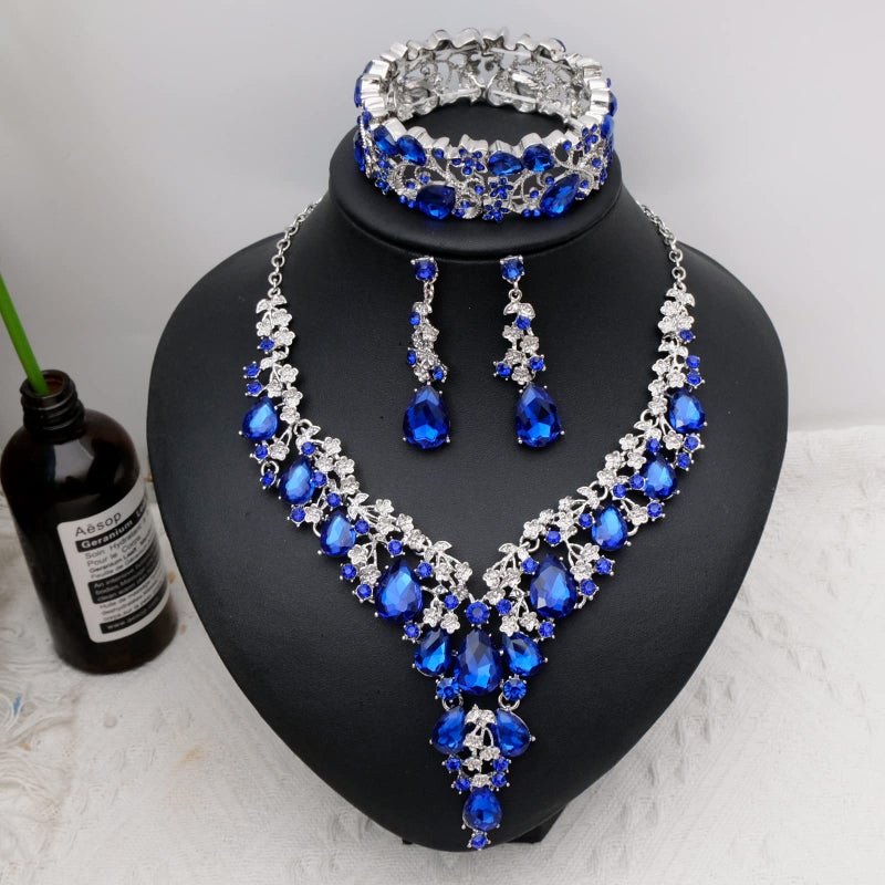 CSY Elegant Crystal Costume Jewelry Sets Flower Bridal Necklace Earrings Stretch Bangle Set for Bride Bridesmaid Wedding Dress Accessories (royal blue crystal-platinum tone) - Image 3