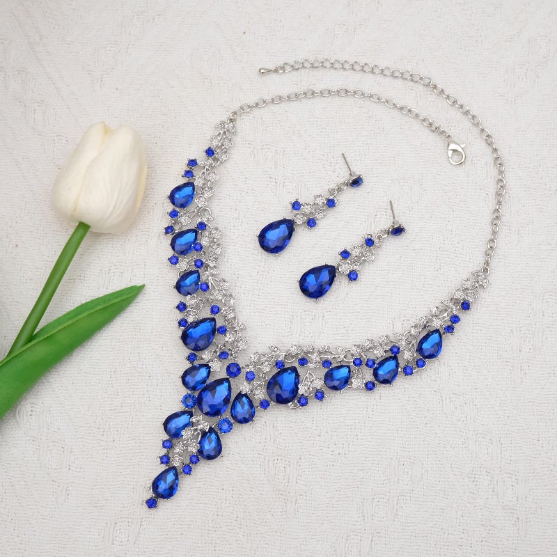 CSY Elegant Crystal Costume Jewelry Sets Flower Bridal Necklace Earrings Stretch Bangle Set for Bride Bridesmaid Wedding Dress Accessories (royal blue crystal-platinum tone) - Image 4