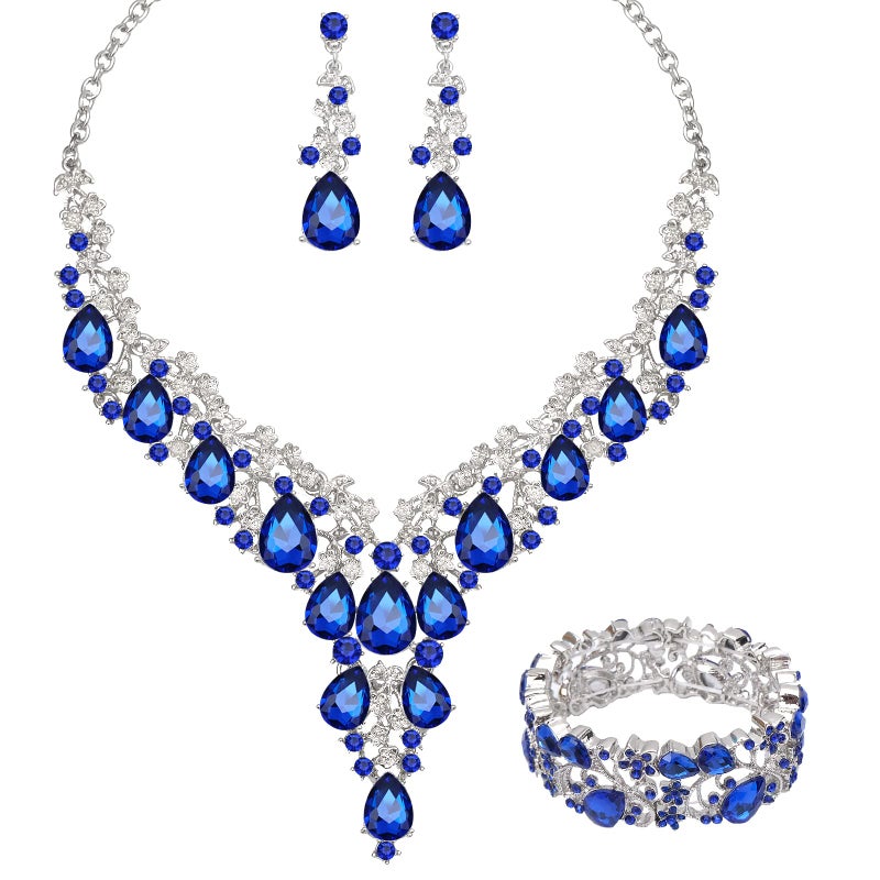 CSY Elegant Crystal Costume Jewelry Sets Flower Bridal Necklace Earrings Stretch Bangle Set for Bride Bridesmaid Wedding Dress Accessories (royal blue crystal-platinum tone) - Image 1
