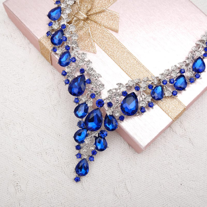 CSY Elegant Crystal Costume Jewelry Sets Flower Bridal Necklace Earrings Stretch Bangle Set for Bride Bridesmaid Wedding Dress Accessories (royal blue crystal-platinum tone) - Image 5