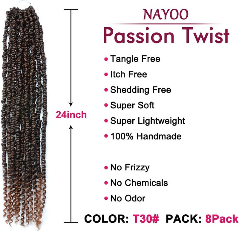 NAYOO Passion Twist Hair - 8 Packs 24 Inch Passion Twist Crochet Hair For Black Women, Crochet Pretwisted Curly Hair Passion Twists Synthetic Braiding Hair Extensions(24 Inch 8 Packs, T30) - Image 2