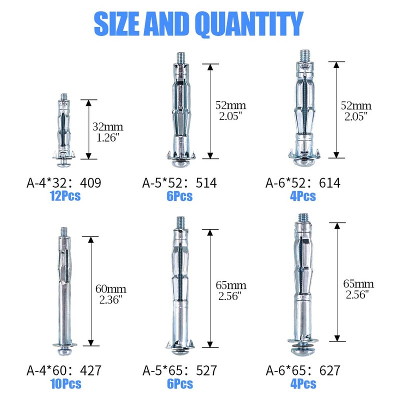 Glarks 42Pcs 6 Size Heavy Duty Zinc Plated Steel Molly Bolt Hollow Drive Wall Anchor Screws Assortment Kit for Drywall, Plaster and Tile - Image 2