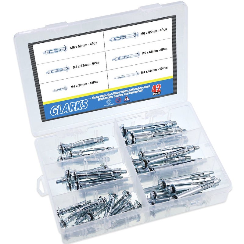 Glarks 42Pcs 6 Size Heavy Duty Zinc Plated Steel Molly Bolt Hollow Drive Wall Anchor Screws Assortment Kit for Drywall, Plaster and Tile - Image 4