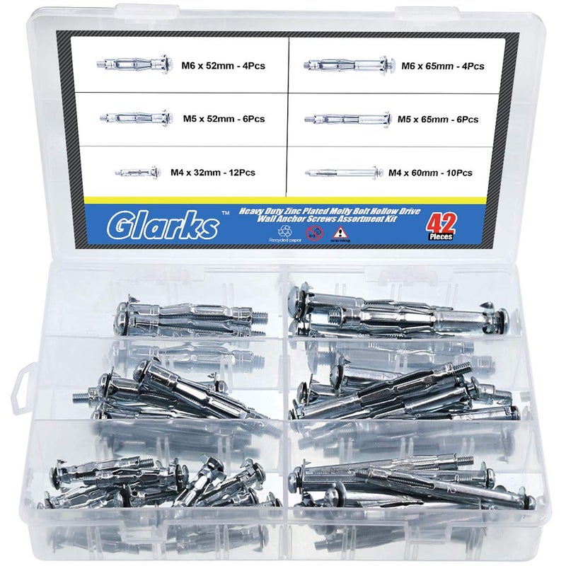 Glarks 42Pcs 6 Size Heavy Duty Zinc Plated Steel Molly Bolt Hollow Drive Wall Anchor Screws Assortment Kit for Drywall, Plaster and Tile - Image 1