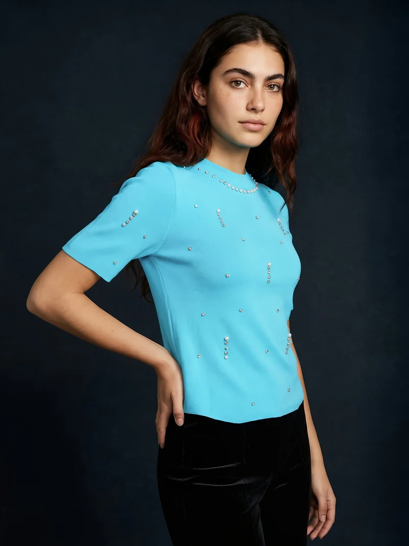 globus Globus Women Blue Round Neck Short Sleeves Pearl Embellished Party Top